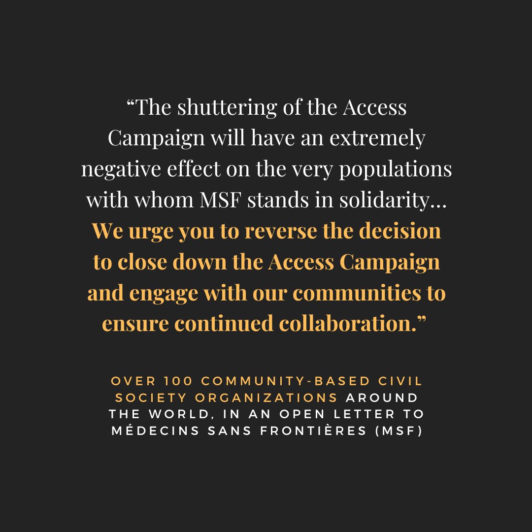 TAGTeam_Tweets's tweet photo. TAG proudly stands alongside over 100 civil society organizations around the world calling for @MSF to reverse its shortsighted and harmful decision to close the MSF Access Campaign (@MSF_access). #WeStandWithAC

Read the open letter here: https://t.co/gM5eq5rUYG https://t.co/0TFL2XLPLN