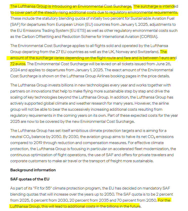 Lufthansa, Europe’s biggest airline group, will introduce a surcharge of up to €72 per flight next year to cover the rising costs of alternative "green" fuels needed to lower aircraft emissions. The German company says it expects "billions in the future" in additional costs.