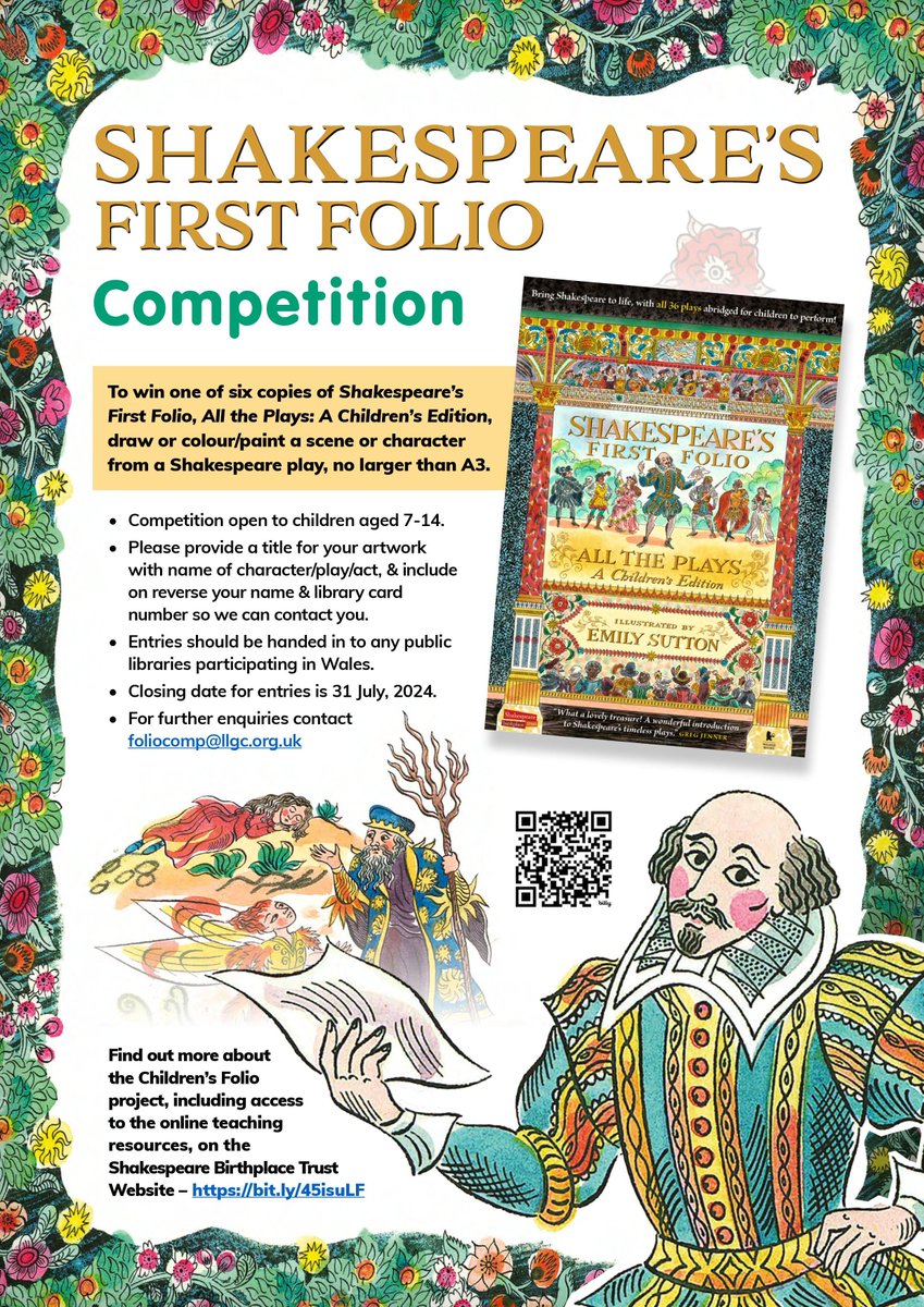 Cystadleuaeth / Competition! 🥳To  win one of six copies of Shakespeare’s First Folio, All the Plays: A  Children’s Edition, draw or colour/paint a scene or character from a  Shakespeare play. Open to children aged 7-14, closing date 31st July 2024. bit.ly/4cjMtfq