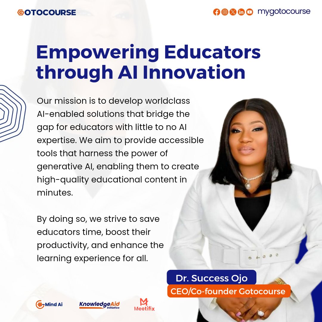mygotocourse's tweet photo. We believe that no educator should left behind in the AI revolution. This is why we develop Generative AI solutions to help creation of educational contents - Dr. Success Ojo (CEO/Co-founder, Gotocourse)

Follow us as we transform #education 💪

#artificialintelligence #edtech https://t.co/PStp8TtZyn