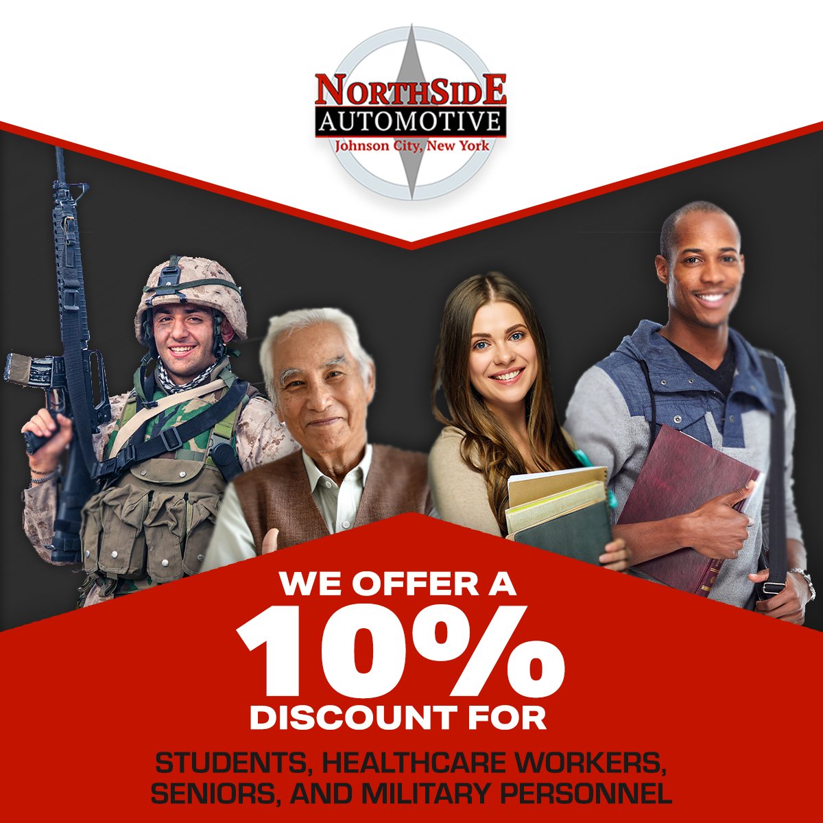 NorthsideAutoJC's tweet image. If you're a student, healthcare worker, senior, or military personnel come into the shop for 10% off parts and labor.