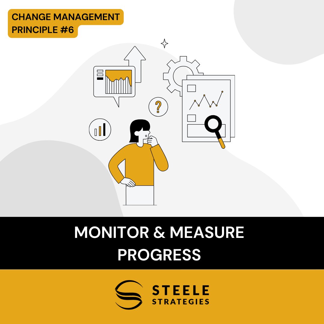 SteeleStrat's tweet image. Change Management Principle 6: Monitor and Measure Progress. Track and adjust to ensure effectiveness. #ChangeManagement #MonitorProgress
