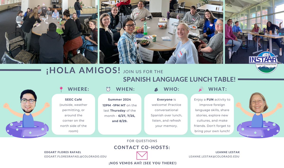 ¡Hola amigos! 👋🏾 Join the Spanish Language Lunch Table this Thursday, June 27th at 12pm in the SEEC Café. We'll have lots of fun while practicing our vocabulary, grammar, &amp; listening skills. All welcome. Cohosts: <a href="/lestak/">Leanne Lestak</a> &amp; <a href="/Edgart_Rafael/">Edgart Flores</a>

Info: buff.ly/4eBESKS
