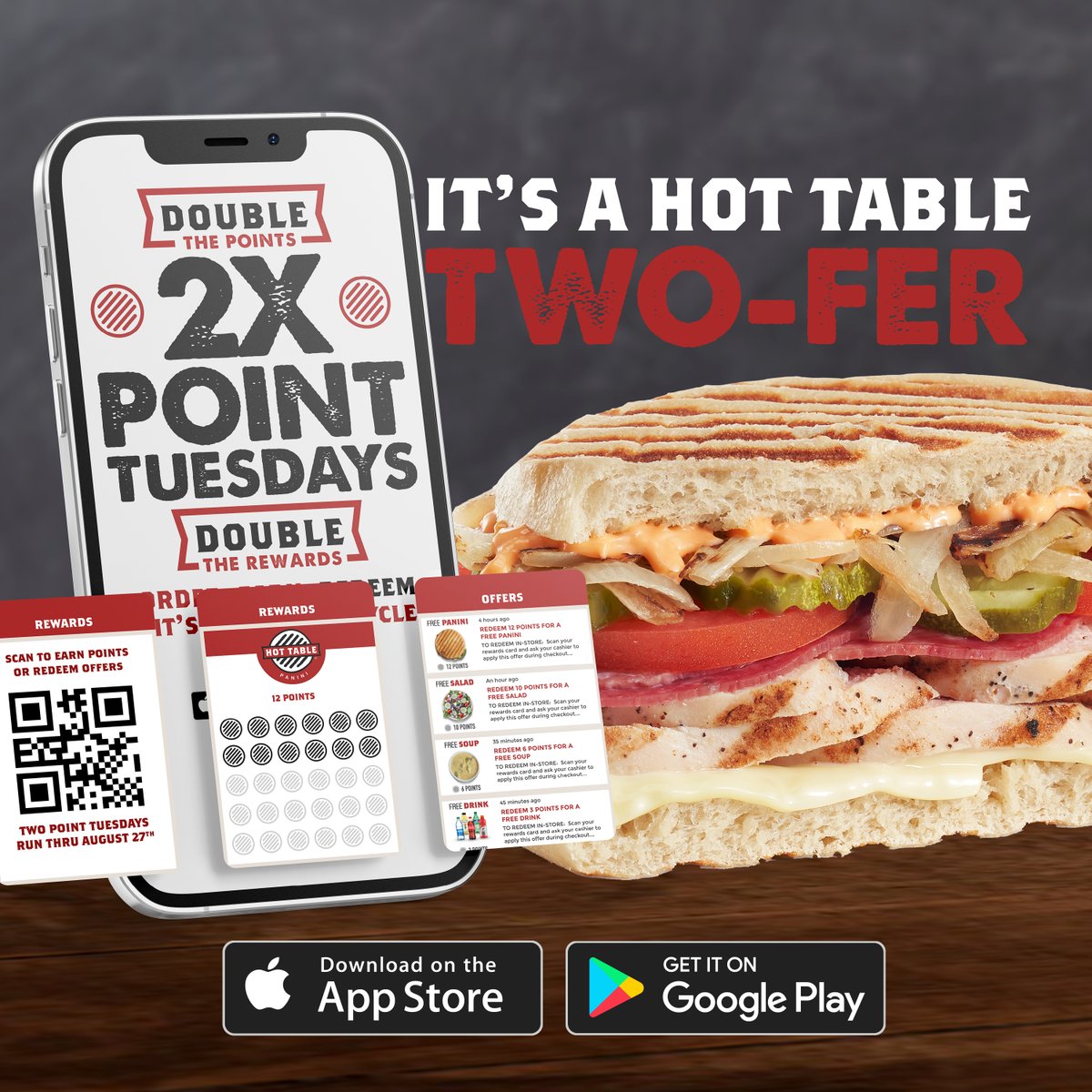 Time to get your Hot Table app working double time. Enjoy twice the deliciousness and rewards with our Two-Point Tuesday deal—offering two-for-one points on all app purchases.

Two-Point Tuesdays run thru August 27th
 
#2PointTuesdays #DoubleThePoints #HotTableRewards