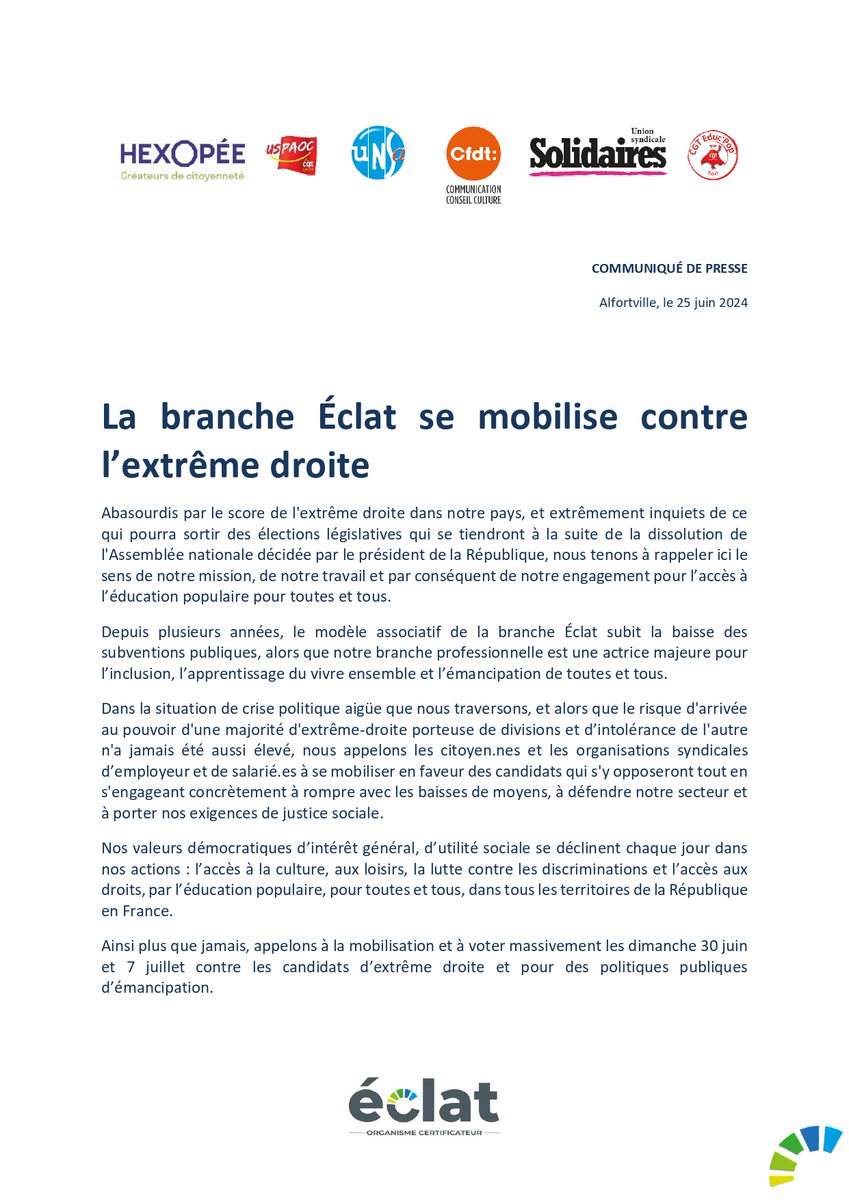 #LegislativesAnticipées2024 ⚠ Nous appelons les citoyens et citoyennes ainsi que les associations à se mobiliser et voter massivement les 30 juin et 7 juillet pour des candidats qui défendent la justice sociale et les valeurs démocratiques. CP ici : lnkd.in/gEiNZw79