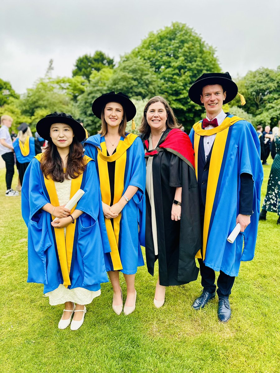 A very proud Professor <a href="/EilsGibney/">Eileen Gibney</a> with Shuhua Yang, Grace Bennett and Cathal O’Hara who receiving their PhD’s at O’Reilly Hall today. A huge Congratulations to our newest Doctors! 🎓