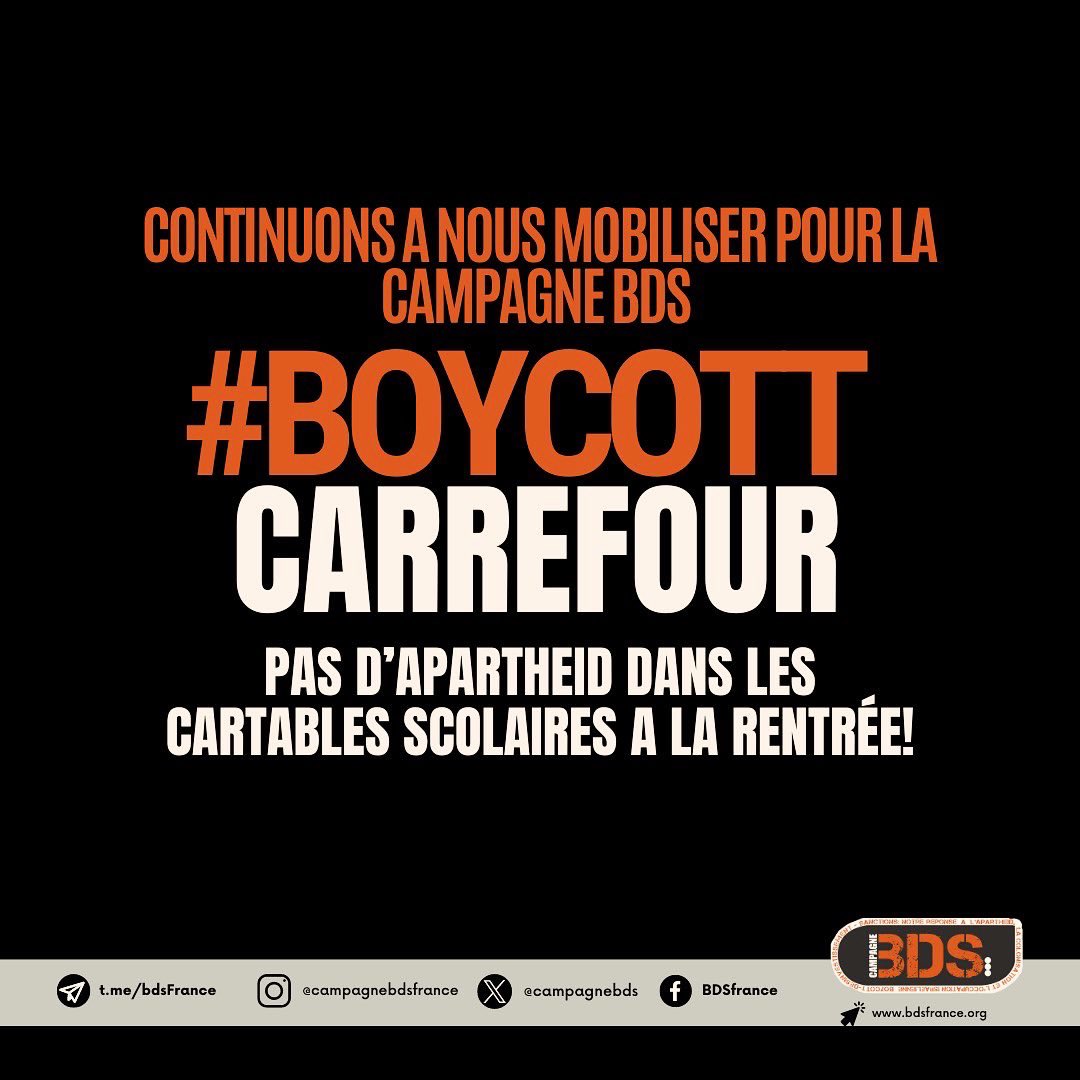 Plusieurs villes se sont mobilisées à l'appel de la journée d'action nationale #Boycottcarrefour le 22/06. Carrefour doit mettre fin à sa complicité avec l'état génocidaire israélien, pas d'apartheid dans les cartables à la rentrée, pas de produits Carrefour dans nos caddies!