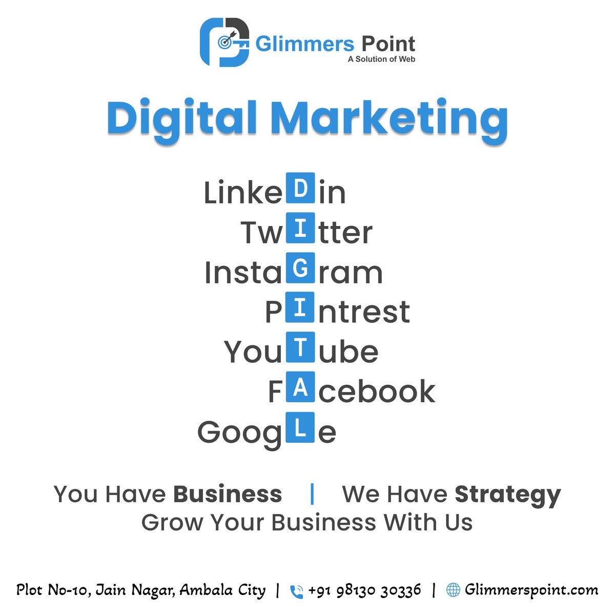Glimmers_Point's tweet image. You have a business, and we have a Strategy, Work with us to Expand your Business.
𝐅𝐨𝐫 𝐌𝐨𝐫𝐞 𝐈𝐧𝐟𝐨 𝐂𝐨𝐧𝐭𝐚𝐜𝐭 𝐔𝐬: +91 9813030336
𝐕𝐢𝐬𝐢𝐭 𝐎𝐮𝐫 𝐖𝐞𝐛𝐬𝐢𝐭𝐞: glimmerspoint.com

   #instagramadstips #linkedin #twitter #pinterest #youtube