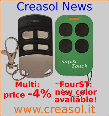 Creasol_Store's tweet image. Creasol Multi: #multifrequency #remotecontrol #duplicator now with 4% discount.
Creasol FourST: #longrange 433.92MHz #duplicator , now available in green color (also in coffee and red colors).
creasol.it store.creasol.it