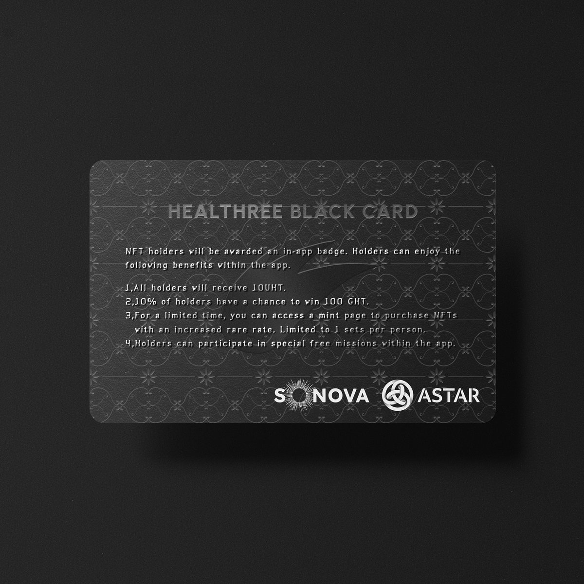 Heal3official's tweet image. 🚩 Astar Network Native NFT Launchpad
@SonovaNFT × HEAL3

＼ Collaboration Event Announcement! /

【WL Distribution Coming Soon!】

By holding a WL, you can...
Freely mint the exclusive &apos;HEAL3 Black Card&apos; NFT🔥

NFT holders can also obtain a limited Badge within the app!…
