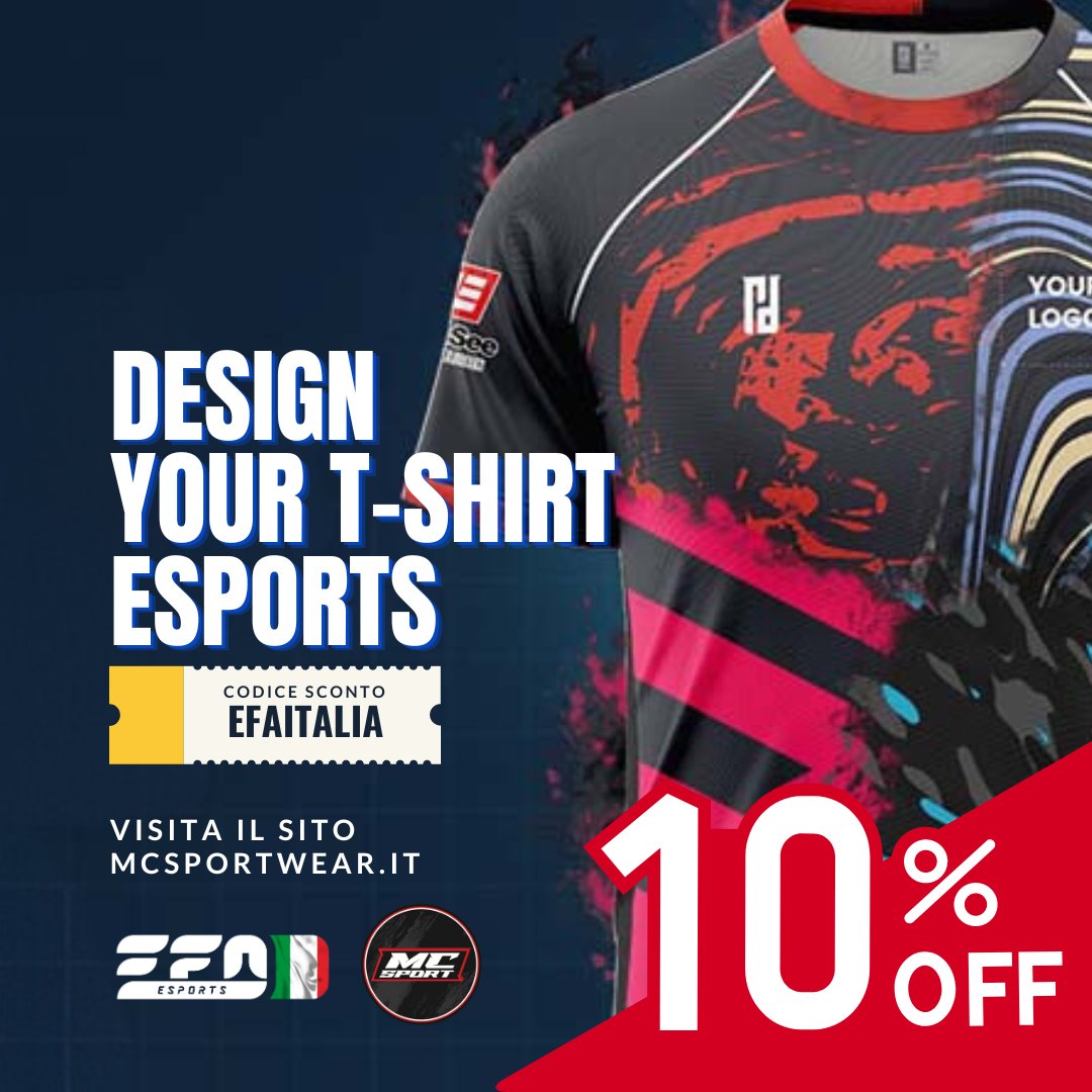 Nuova collaborazione con MCSPORTWEAR 

Non hai ancora la tua maglia eSports del tuo Proclub?
Con il codice sconto EFAITALIA hai il 10% sul tuo ordine.
Personalizzala come vuoi tu.

Visita il sito 
mcsportwear.it

#mcsportwear #esports #maglieproclub #proclub #design