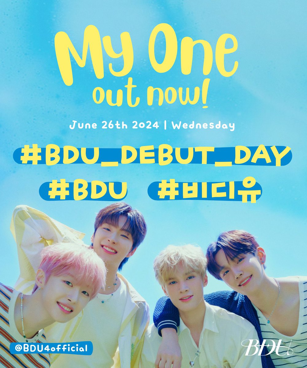 BDU_GLOBAL's tweet image. [📢] B.D.U Debut Day Hashtag Event

📅 2024.06.26
⏰ From 5:00PM KST onwards

To celebrate B.D.U’s debut tomorrow let’s use the following tags to hype up the debut and show our love and support for B.D.U:

MY ONE OUT NOW
#BDUDebutDay
#BDU #비디유
@BDU4official