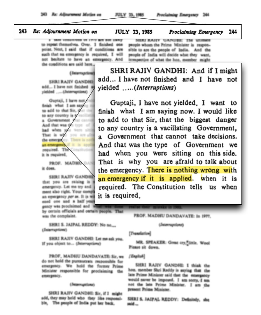 AmitShah's tweet photo. The Congress crushed the spirit of our Constitution several times for the sake of maintaining a certain family in power. 

Indira Gandhi unleashed ruthless atrocities on the people of India during Emergency.

The yuvraj of the Congress party has forgotten that his grandmother imposed the Emergency and his father, Mr. Rajiv Gandhi, on July 23, 1985, said in the Lok Sabha, taking much pride in this horrific episode, "There is nothing wrong with an Emergency”. 
Mr. Rajiv Gandhi even said, “If any Prime Minister of this country who feels that an Emergency is necessary, under these circumstances and does not apply the Emergency, he is not fit to be the Prime Minister of this country.”

This very act of taking pride in a dictatorial act shows that nothing else is dear to the Congress other than the family and power.