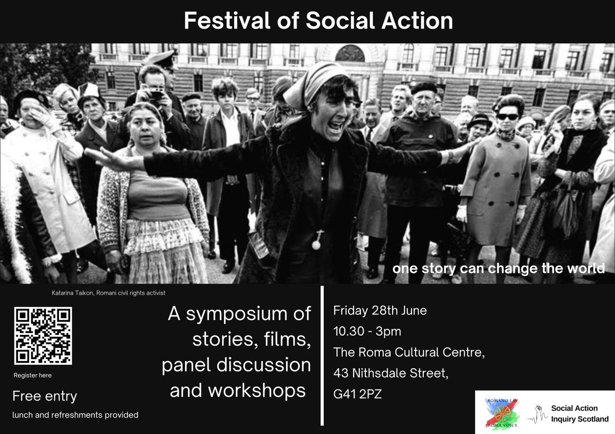 🔦Looking for stories, films, panel discussion &amp; workshop on #SocialAction ?

🌞Join Festival of Social Action this Friday 28th in Glasgow.

✨Run by one of partner communities <a href="/Roma_Voice/">Romano Lav</a>  at the new Roma Cultural Centre (fully accessible venue)

Details➡️eventbrite.co.uk/e/festival-of-…