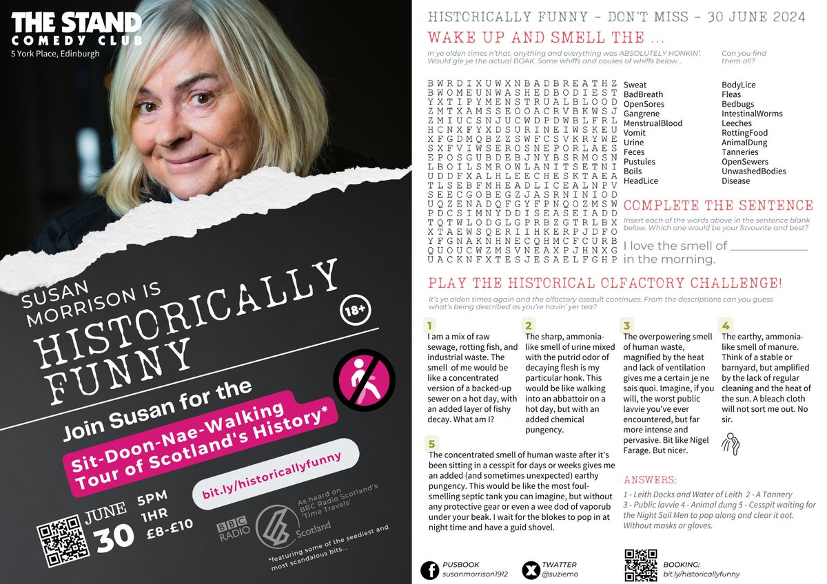 Come along this Sunday, 30 June for a blether <a href="/StandComedyClub/">The Stand</a>! 

To get you in the zone, try the word search and olfactory challenge! Would you have coped with this honkin' stuff or just had the permanent boak?

Get yer tix booked!
bit.ly/historicallyfu…