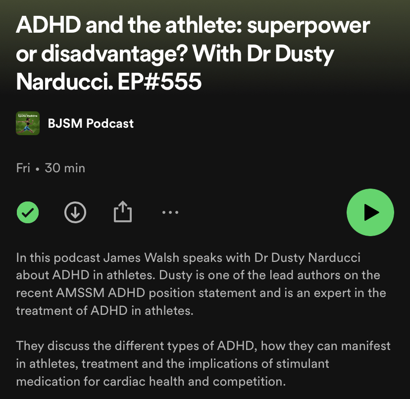 British Journal of Sports Medicine (BJSM) (@bjsm_bmj) on Twitter photo โ ๏ธ ADHD and the athlete: superpower or disadvantage? ๐คทโโ๏ธ
NEW #BJSMPodcast ๐ง covering:
โก๏ธ Types of ADHD
โก๏ธ How it can manifest in athletes ๐โโ๏ธ
โก๏ธ Treatment and the implications of stimulant medication for cardiac health and competition ๐ โค๏ธ
Listen ๐ bit.ly/3z9H2RJ โ ๏ธ ADHD and the athlete: superpower or disadvantage? ๐คทโโ๏ธ
NEW #BJSMPodcast ๐ง covering:
โก๏ธ Types of ADHD
โก๏ธ How it can manifest in athletes ๐โโ๏ธ
โก๏ธ Treatment and the implications of stimulant medication for cardiac health and competition ๐ โค๏ธ
Listen ๐ bit.ly/3z9H2RJ