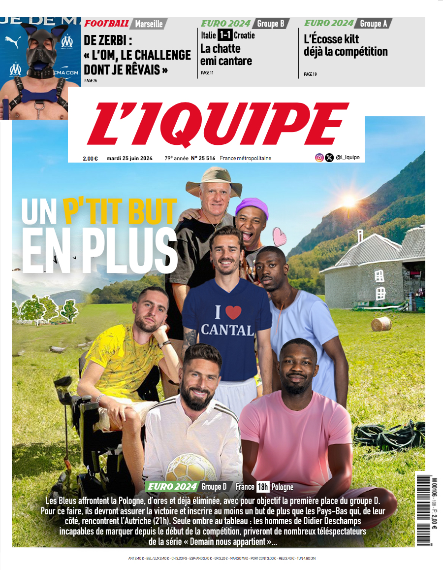 Voici la une du journal L'Iquipe du mardi 25 juin : 

- #FRAPOL : En finir avec les pieds carrés
- #OM : De Zerbi officialisé
- #CROITA : L'Italie au bout du suspense

#EquipeDeFrance #Mbappe #Deschamps #TeamOM #DeZerbi #Italie
