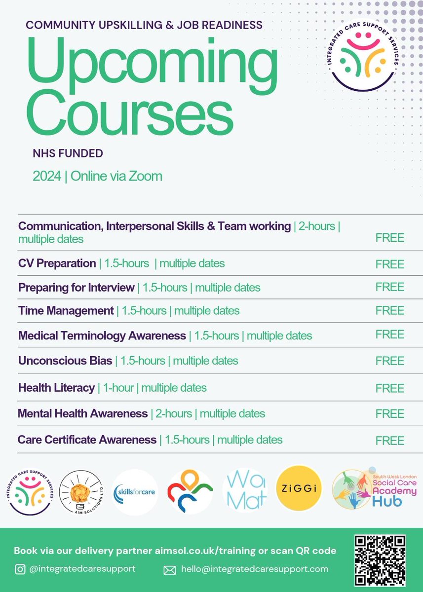 Boost your career options with FREE @icb_support training courses! Topics include Communication, CV Prep, Interview Prep, Time Management, Medical Terminology, Unconscious Bias, Health Literacy, Mental Health, and Care Certificate. Book now: aimsol.co.uk/training