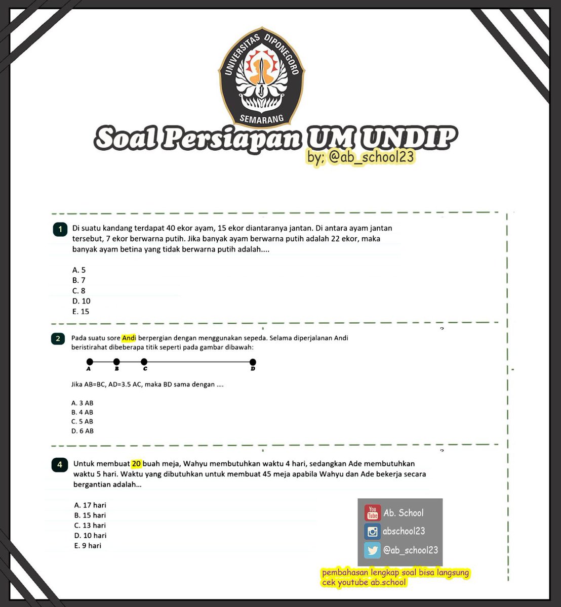 UM UNDIP 2024 Bag.4!
Buat yang mau Tes Ujian Mandiri UNDIP (UM UNDIP), yuk latihan lanjutan tipe soal Penalaran Matematika yang sering muncul! 
Untuk pembahasan lengkapnya bisa langsung cek kesini youtu.be/wMwWenrn8Rw?si…