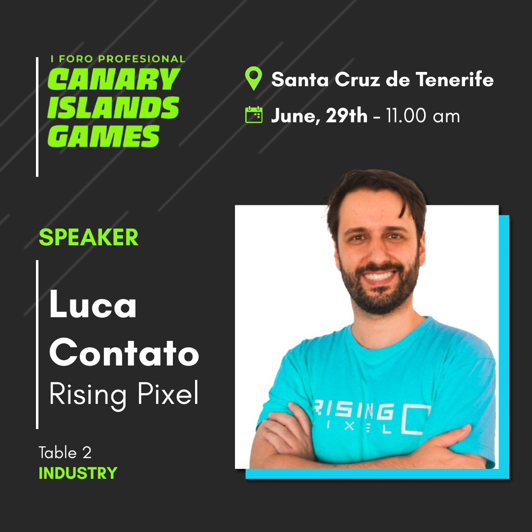 🤝See you at the first edition of the Canary Islands Games Professional Forum!

🟦<a href="/tatosgames/">Luca Contato</a> will be there as Speaker in the table 2 together with great professionals!

Thanks to <a href="/CulturaGobCan/">Cultura Gobierno de Canarias</a> for counting with us!

More info at 👉 canaryislandsgames.com