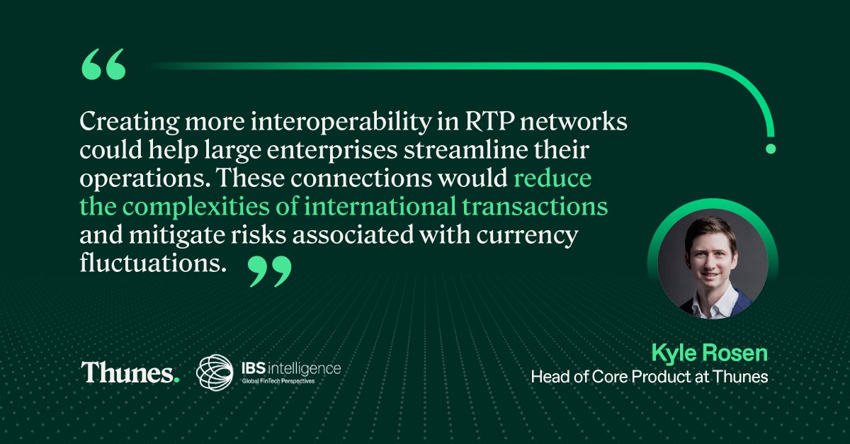 💡Thunes on the potential of Real-Time Payment (RTPs) systems.💡 

Kyle Rosen, our Head of Core Product shared his insights with <a href="/IBSIntelligence/">IBS Intelligence</a>  on why real-time payments must go global to unlock further growth. 

Read more here ➡ ibsintelligence.com/blogs/real-tim…