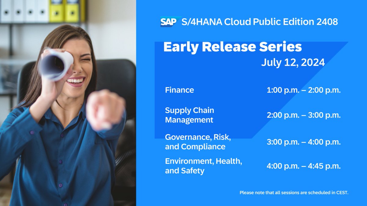 🕒 Tick, tock – the product experts are counting down the minutes to welcome you to the #SAP #S4HANA #Cloud Public Edition 2408 Early Release Series from July 8 to July 12! ✨ Register now and see what the upcoming release brings. 🚀 <a href="/SAP/">SAP</a> <a href="/SAPCloudERP/">SAP Cloud ERP</a>

imsap.co/6010giZwO