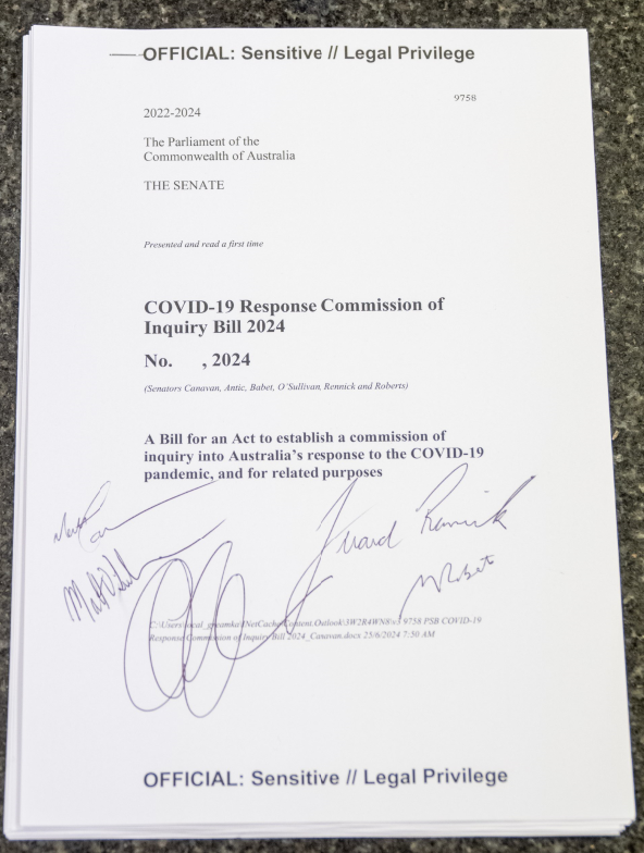 MRobertsQLD's tweet photo. 2 years ago I promised to hound down those responsible for the damage our COVID measures caused to Australians.  

Today, in company with Senators Antic, Canavan, Rennick and O'Sullivan, a Bill was introduced to immediately commence a Senate Select Commission of Inquiry into our #COVID response.  The Terms of Reference in this Bill includes the recommendations from my recent committee inquiry.