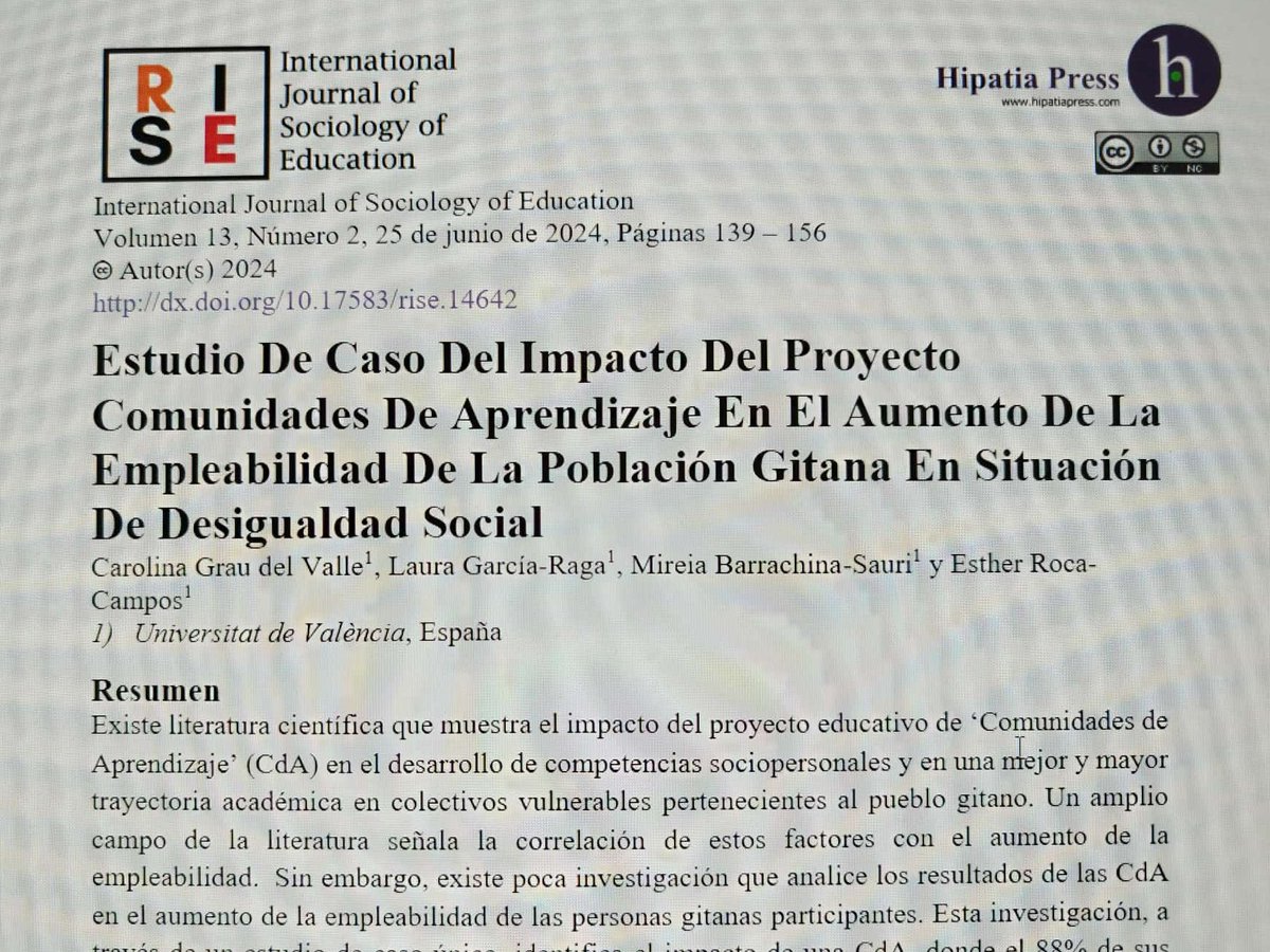Encantada de anunciar la publicación “Estudio de caso del impacto del proyecto Comunidades de Aprendizaje en el aumento de la Empleabilidad de la población gitana en situación de desigualdad social” hipatiapress.com/hpjournals/ind…