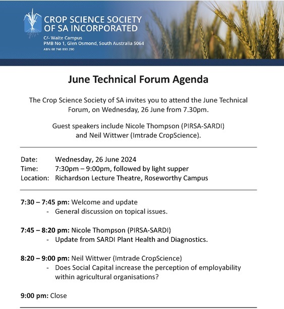 cropsssa's tweet photo. Next CSSSA forum is this Wednesday from 7.30pm at Roseworthy.  Richardson Theatre is unavailable, but we will be using a room in the same building, so come to the normal foyer to be redirected. https://t.co/l5eATSkYIJ