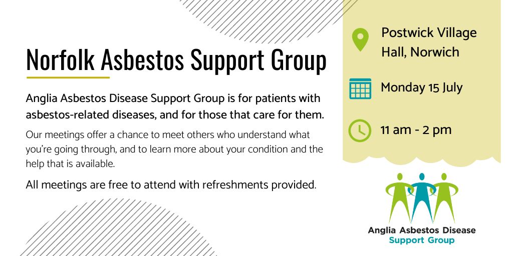 Asbestos Support Grp (@angliaasbestos) on Twitter photo Looking forward to our #SupportGroup on Monday 15 July in #Norfolk! A great chance to meet others affected by Asbestos-related diseases who understand what you are going through. Contact Vicki Clover on vicki.clover@ashtonslegal.co.uk for more info. #Mesothelioma Looking forward to our #SupportGroup on Monday 15 July in #Norfolk! A great chance to meet others affected by Asbestos-related diseases who understand what you are going through. Contact Vicki Clover on vicki.clover@ashtonslegal.co.uk for more info. #Mesothelioma