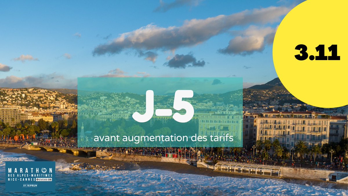 Marathon Nice-Cannes (@marathon_06) on Twitter photo J-5 🔥🔥 avant augmentation des tarifs pour le @marathon_06 ! Faites vite ! <a href="/AlpesMaritimes/">alpesmaritimes</a> <a href="/VilledeNice/">Ville de Nice</a> <a href="/villecannes/">Cannes</a> <a href="/KIPRUNRUNNING/">Kiprun</a> <a href="/CE_CotedAzur/">Caisse d'Epargne Côte d'Azur</a> <a href="/BFMCotedazur/">BFM Nice Côte d'Azur</a> <a href="/PetitesAffiches/">📙 Petites Affiches06</a> <a href="/Nice_Matin/">Nice-Matin</a> <a href="/F3cotedazur/">France 3 Côte d'Azur</a> <a href="/ExploreNCA/">Explore Nice Côte d'Azur</a> <a href="/VisitCotedazur/">Côte d'Azur France</a> <a href="/RTL2officiel/">RTL2 🎸</a> J-5 🔥🔥 avant augmentation des tarifs pour le @marathon_06 ! Faites vite ! <a href="/AlpesMaritimes/">alpesmaritimes</a> <a href="/VilledeNice/">Ville de Nice</a> <a href="/villecannes/">Cannes</a> <a href="/KIPRUNRUNNING/">Kiprun</a> <a href="/CE_CotedAzur/">Caisse d'Epargne Côte d'Azur</a> <a href="/BFMCotedazur/">BFM Nice Côte d'Azur</a> <a href="/PetitesAffiches/">📙 Petites Affiches06</a> <a href="/Nice_Matin/">Nice-Matin</a> <a href="/F3cotedazur/">France 3 Côte d'Azur</a> <a href="/ExploreNCA/">Explore Nice Côte d'Azur</a> <a href="/VisitCotedazur/">Côte d'Azur France</a> <a href="/RTL2officiel/">RTL2 🎸</a>