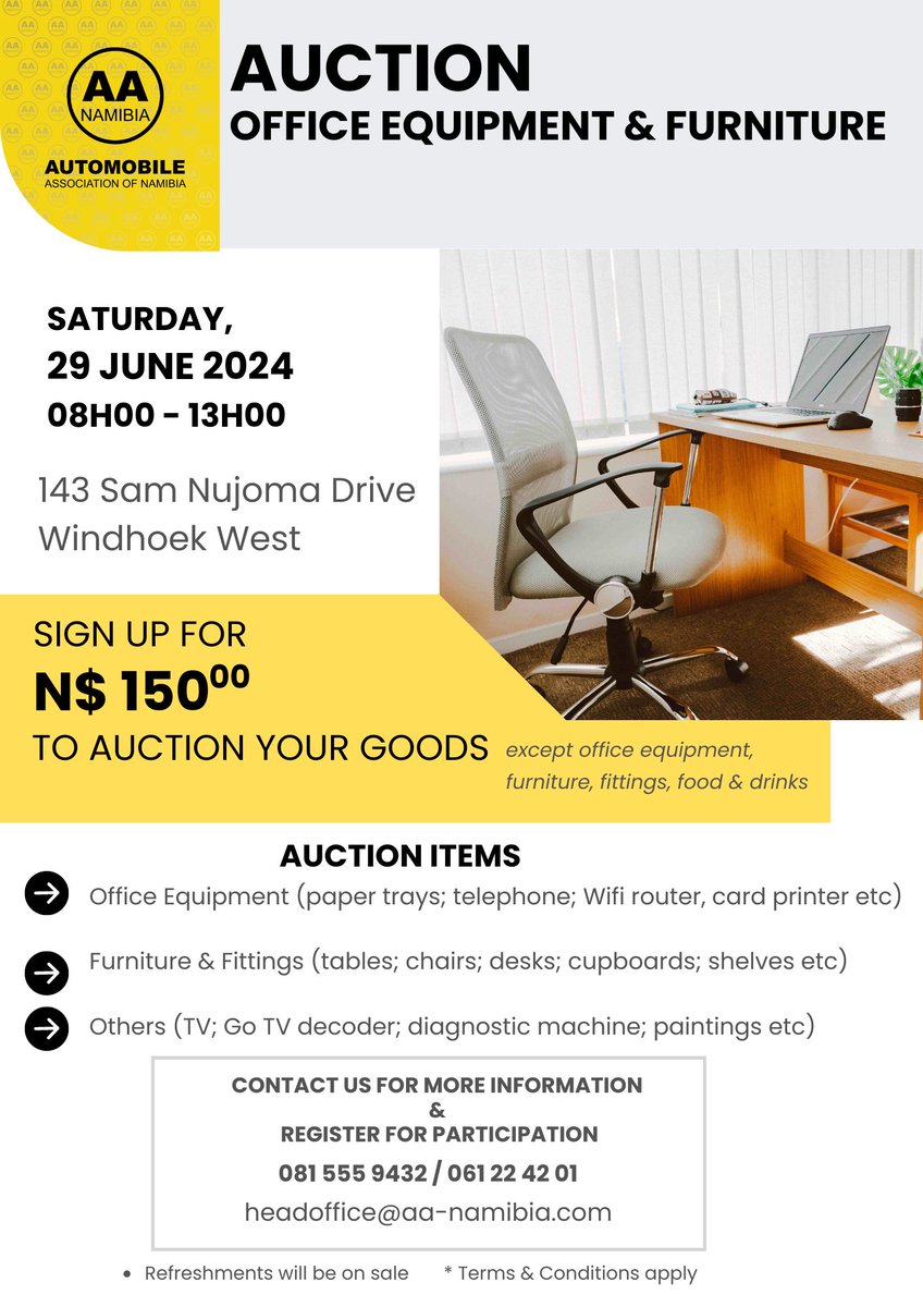 Join us at 143 Sam Nujoma Drive, Windhoek West, on Saturday, 29 June 2024 from 08h00 for the office equipment and furniture auction. 
Need to make an extra buck? Sign up and sell your unwanted goods at our auction. Contact us on +264 815559432 or +264 61 22 42 01