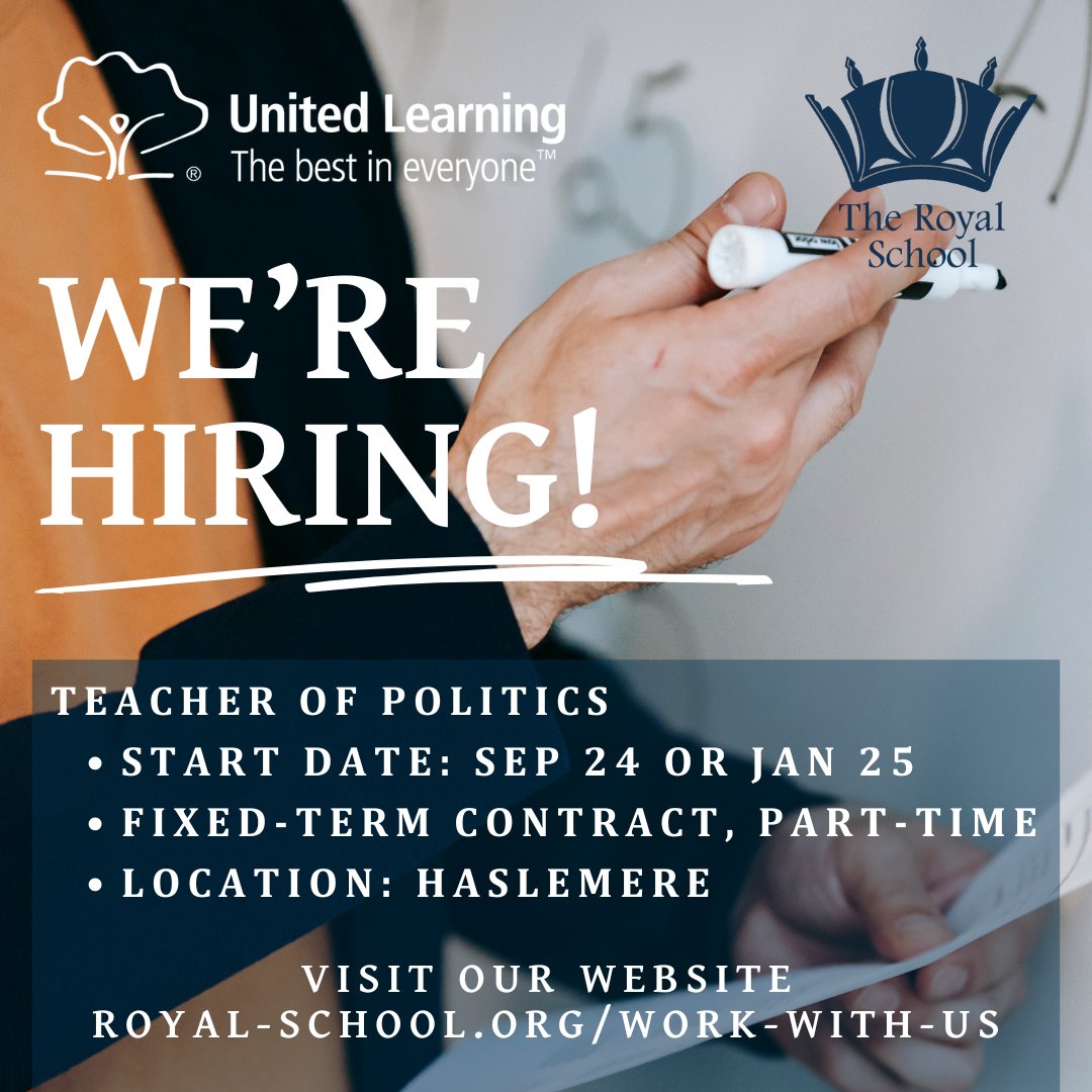 📣 JOB ALERT - POLITICS TEACHER - (part-time)
Seeking a part-time Teacher of politics to inspire and encourage a passion for learning and to achieve their very best in the subject of Politics in KS5.
APPLY TODAY - royal-school.org/work-with-us
#TheRoyalSchool #Haslemere