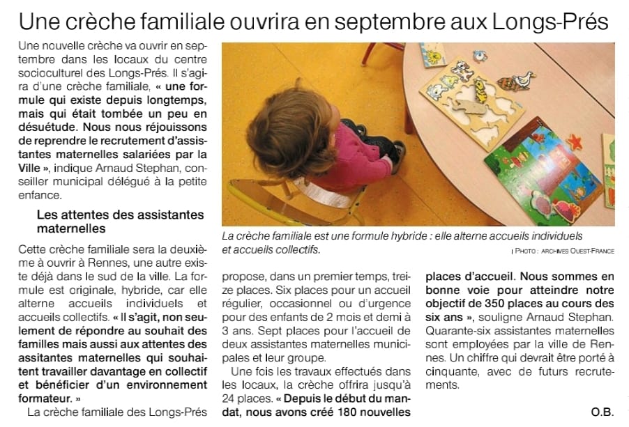 ArnaudStephan's tweet photo. La Crèche Familiale Longs-Prés ouvrira ses portes le 1er Septembre. D'abord 13, puis 24 nouvelles places d'accueil #PetiteEnfance chez des Assistant.e.s maternel.le.s salarié.e.s de la Ville de #Rennes (de 3 à 4 enfants) en collectif 2 j./semaine et à leur domicile.
#rfve #sppe https://t.co/0jpmGvujkX