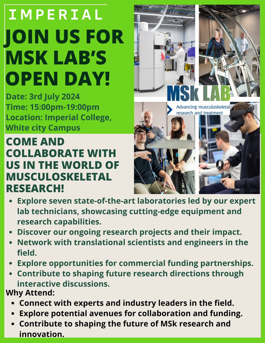 🚀 Join us at the MSk Lab Open Day!🚀
📅Date:Wednesday, 3rd July 🕒Time: 15:00 – 19:00 📍 Location: Imperial College White City Campus.
An afternoon of innovation and discovery. Register here:forms.office.com/e/jr68ALcesc We look forward to welcoming you.👋 #MSkLab #OpenDay #Innovation