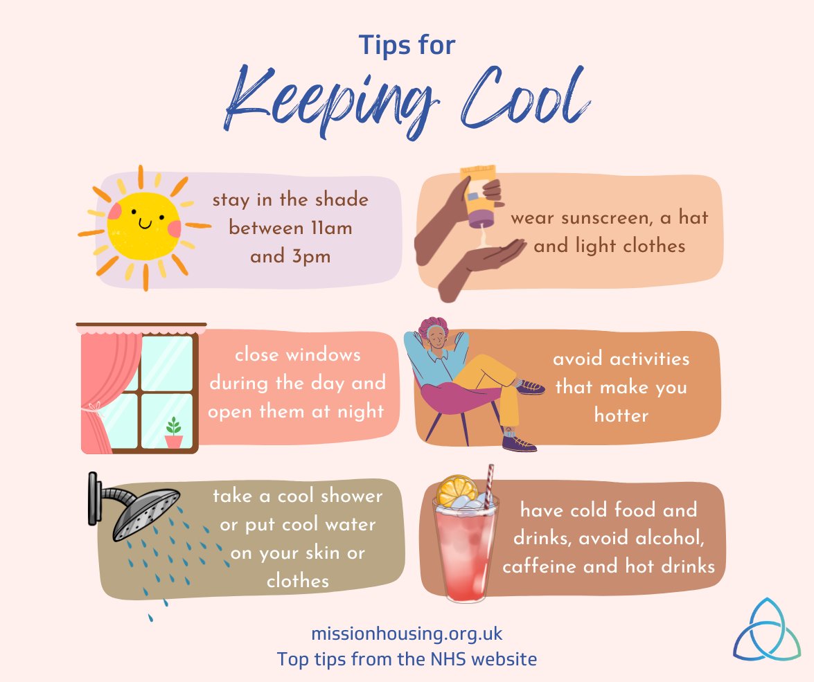 Summer has suddenly come! 🌞🍦🍹 We don't often have much time to prepare for the heat, so here are a few tips from the NHS website that could help you stay cool ❄️

#NHS #staycool #hotweather #missionhousing #tips