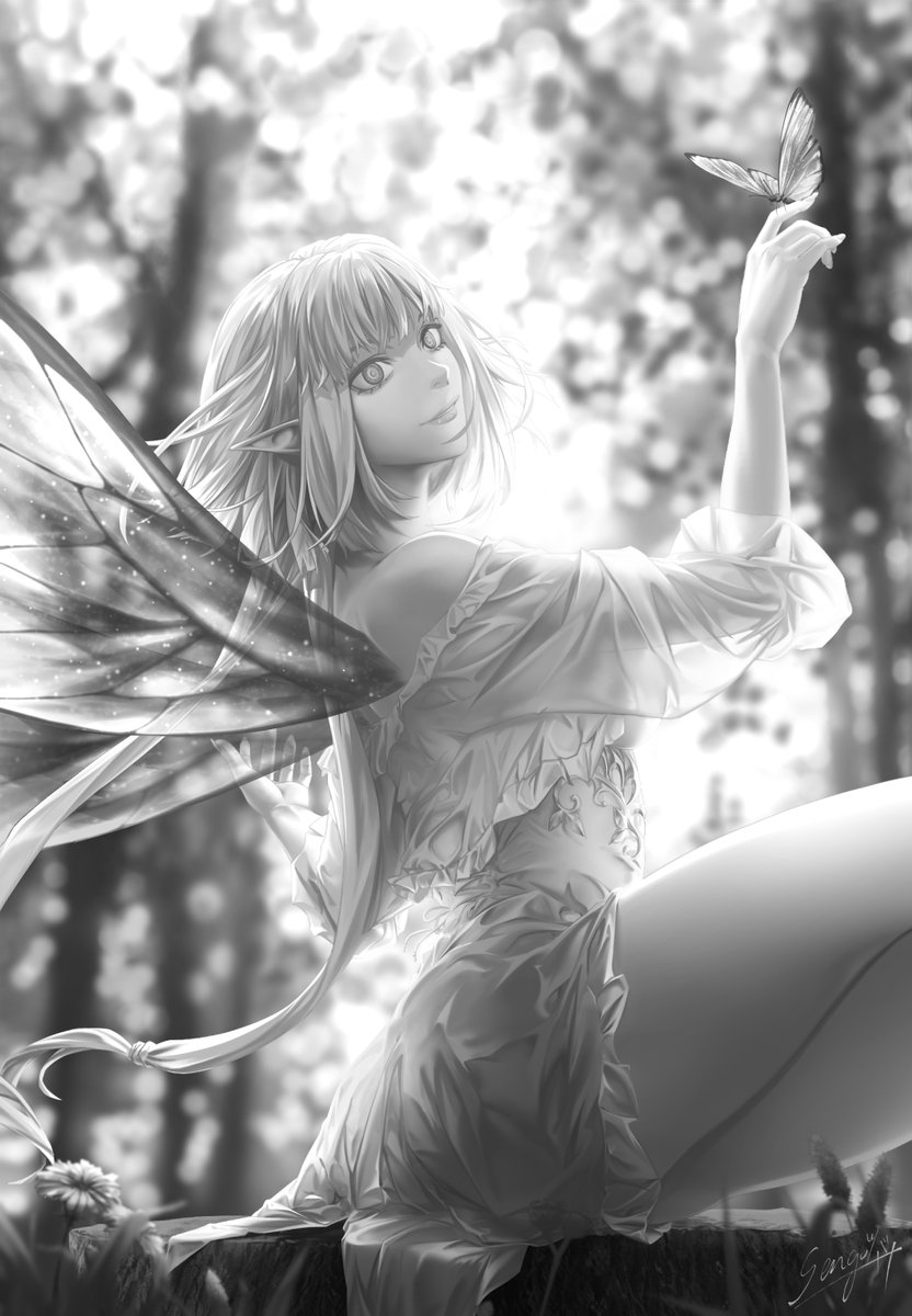 グレースケール着色を練習中の イラストです。

#illustration #digitalart ＃エルフ #elf #蝶々