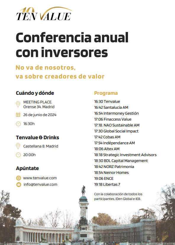 Javiertenvalue's tweet photo. (1/4) Mañana se celebrará la primera conferencia anual con inversores de Tenvalue. No va de nosotros, va sobre creadores de valor: @SantaluciaAM, @IM_Gestion, @FinaccessMx, NAO Sustainable Asset Management, @GSIInvestments, @CobasFunds, Palm Harbour Capital (...) https://t.co/rBEPWJUT6x