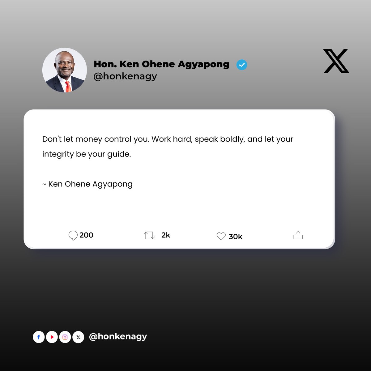 realKenAgyapong's tweet photo. Don't let money control you. Work hard, speak boldly, and let your integrity be your guide.
#KenQuotes https://t.co/ypMB6h6Tk5