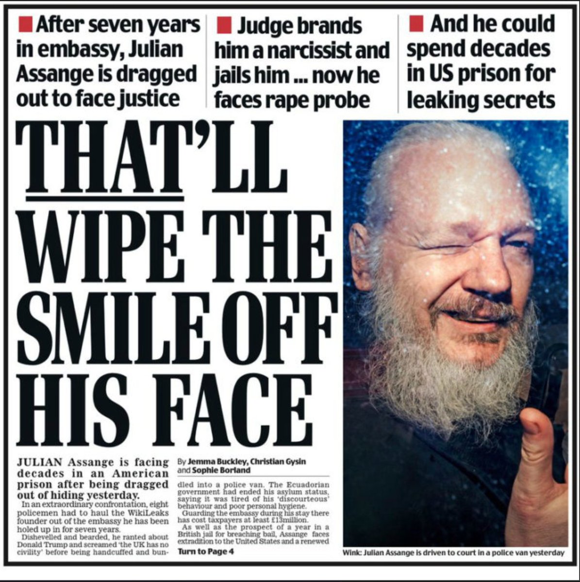 AlanRMacLeod's tweet photo. On this day, let's never forget that corporate media outlets played a key role in keeping Assange in prison for so long. https://t.co/vbUmi2mlia