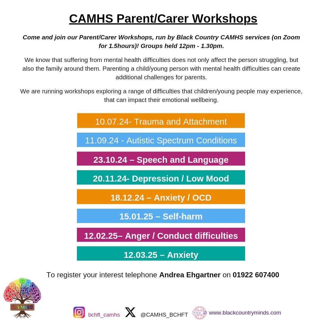 Black Country CAMHS (@camhs_bchft) on Twitter photo Exciting news! 🌟
Calling all parents and carers across the Black Country: New workshops have been announced, running from July 2024 to March 2025! ⭐️
To book on to a workshop, please contact Andrea on 01922 607400 📱
#CAMHS #Workshops #parentsandcarers #blackcountry Exciting news! 🌟
Calling all parents and carers across the Black Country: New workshops have been announced, running from July 2024 to March 2025! ⭐️
To book on to a workshop, please contact Andrea on 01922 607400 📱
#CAMHS #Workshops #parentsandcarers #blackcountry