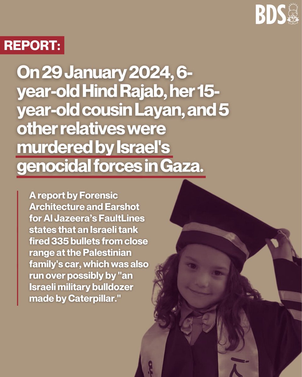 On 29 January 2024, 6-year-old Hind Rajab, her 15-year-old cousin Layan, and 5 other relatives were murdered by Israel's genocidal forces in Gaza.

A report by <a href="/ForensicArchi/">Forensic Architecture</a> and Earshot for <a href="/AJFaultLines/">Fault Lines</a> states that an Israeli tank fired 335 bullets from close range at the
