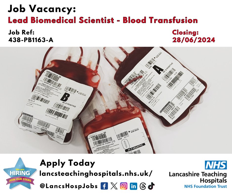 Lancashire Teaching Hospitals Jobs 💙 (@lancshospjobs) on Twitter photo Job Vacancy: Lead #BiomedicalScientist - #Blood Transfusion <a href="/LancsHospitals/">Chorley & Royal Preston</a>
⏰Closes: 28/06/2024
Read more and apply: lancsteachinghospitals.nhs.uk/join-our-workf…
#NHS #NHSjobs #Pathology #BloodTransfusion <a href="/LancsHospPath/">Pathology Lancashire Teaching</a> #Lancashire #Preston Job Vacancy: Lead #BiomedicalScientist - #Blood Transfusion <a href="/LancsHospitals/">Chorley & Royal Preston</a>
⏰Closes: 28/06/2024
Read more and apply: lancsteachinghospitals.nhs.uk/join-our-workf…
#NHS #NHSjobs #Pathology #BloodTransfusion <a href="/LancsHospPath/">Pathology Lancashire Teaching</a> #Lancashire #Preston