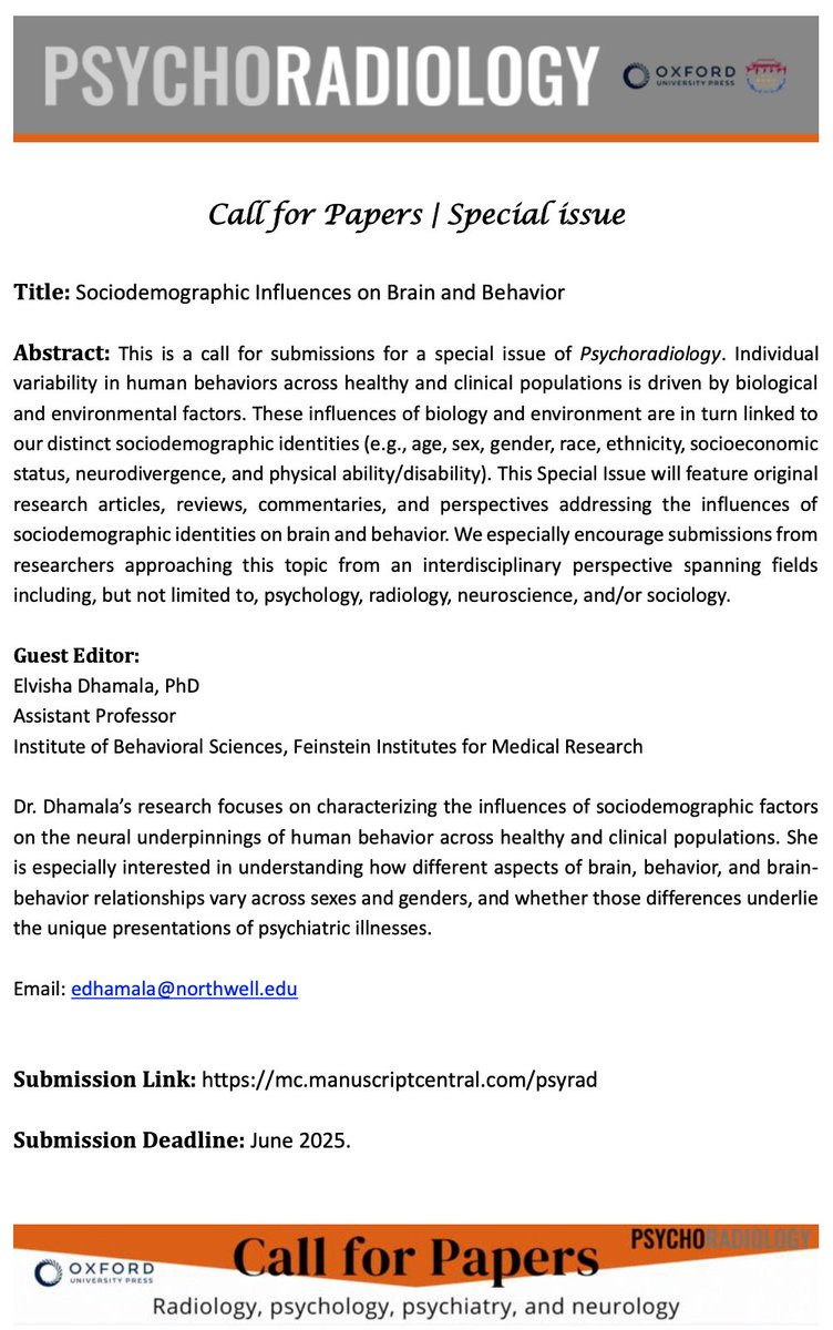 Elvisha Dhamala (@elvisha9) on Twitter photo I'm super excited to share that I'm guest editing a Special Issue for Psychoradiology (<a href="/PSYRAD2/">Psychoradiology</a>) focusing on Sociodemographic Influences on Brain and Behaviour!
Please reach out if you have questions or want to contribute to this issue! Deadline to submit is June 2025. I'm super excited to share that I'm guest editing a Special Issue for Psychoradiology (<a href="/PSYRAD2/">Psychoradiology</a>) focusing on Sociodemographic Influences on Brain and Behaviour!
Please reach out if you have questions or want to contribute to this issue! Deadline to submit is June 2025.