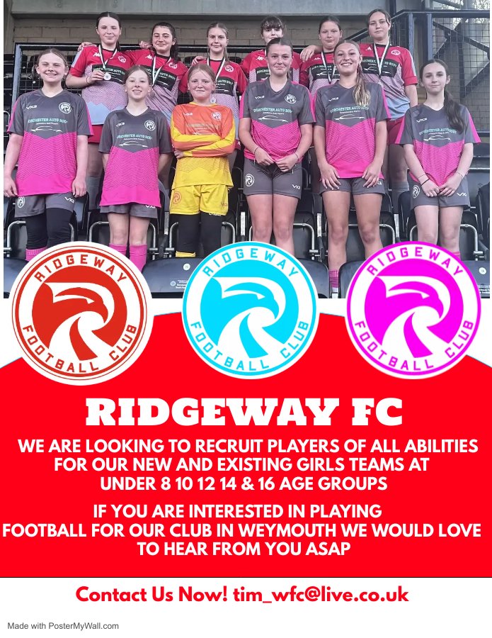 GIRLS FOOTBALL
If your daughter is interested in playing girls football in #Weymouth then Ridgeway FC would like to hear from you asap
Please DM us