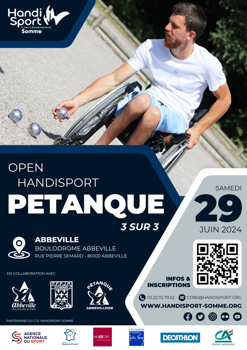 ⚫️ EVENEMENT / Open Handisport PETANQUE (3/3) - Samedi 29 Juin 2024 (10h > 16h) - <a href="/Abbeville80/">Ville d'Abbeville</a> 
ℹ️ INFOS/INSCRIPTIONS > handisport-somme.org/mon-calendrier…
‼️ Deadline Inscription : 23 Juin 2024 (23h30)
<a href="/CDHandisport80/">Comité Départemental Handisport de la Somme</a> 🖤 handisport-somme.org