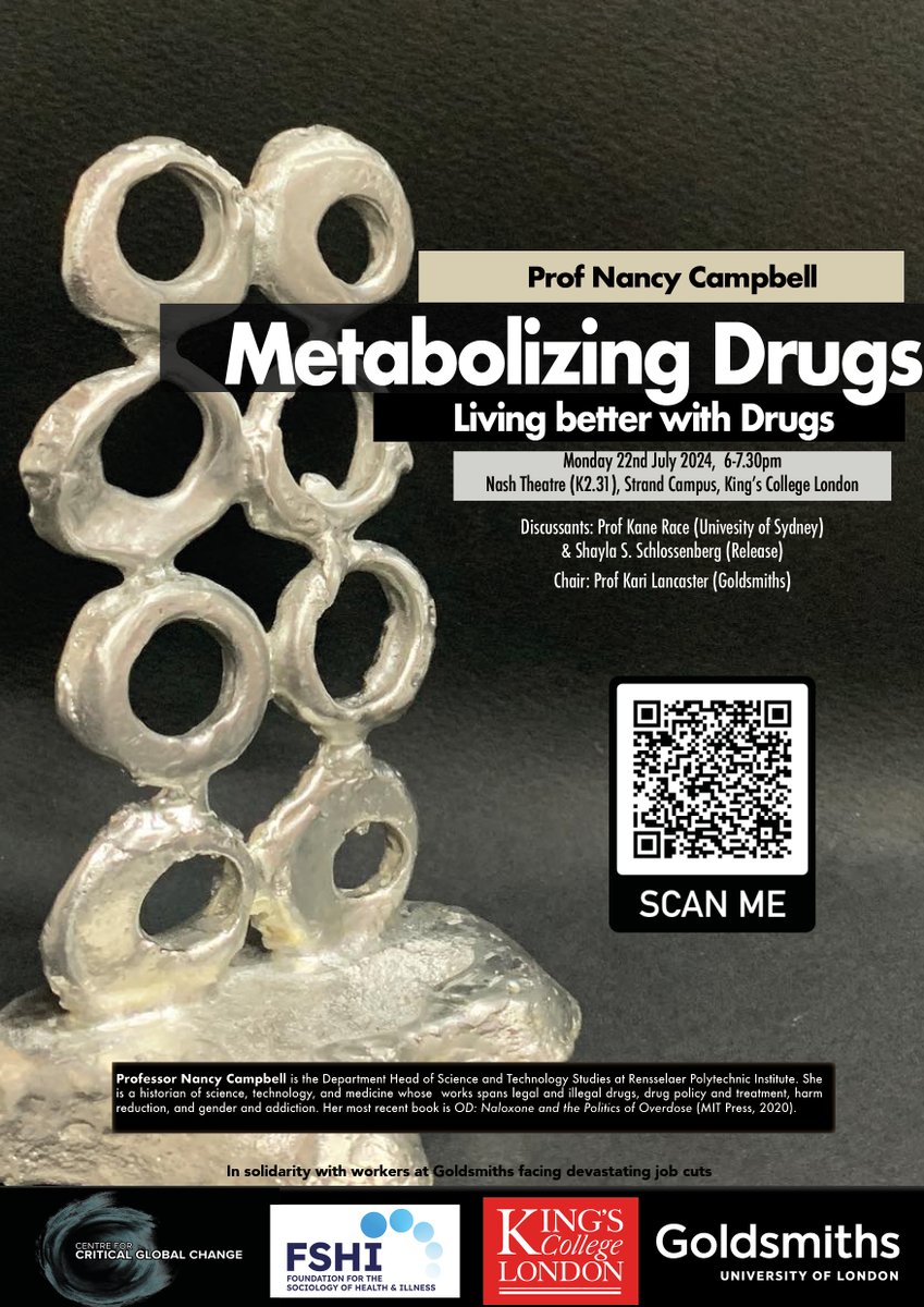 📢📷Join us for an amazing public lecture next month!  Prof Nancy Campbell, "METABOLIZING DRUGS"  

criticalglobalchange.org/events/metabol… 

Hosted at King's in solidarity with <a href="/GoldsmithsUCU/">Goldsmiths UCU</a>
Chaired by our very own @kari_lancaster