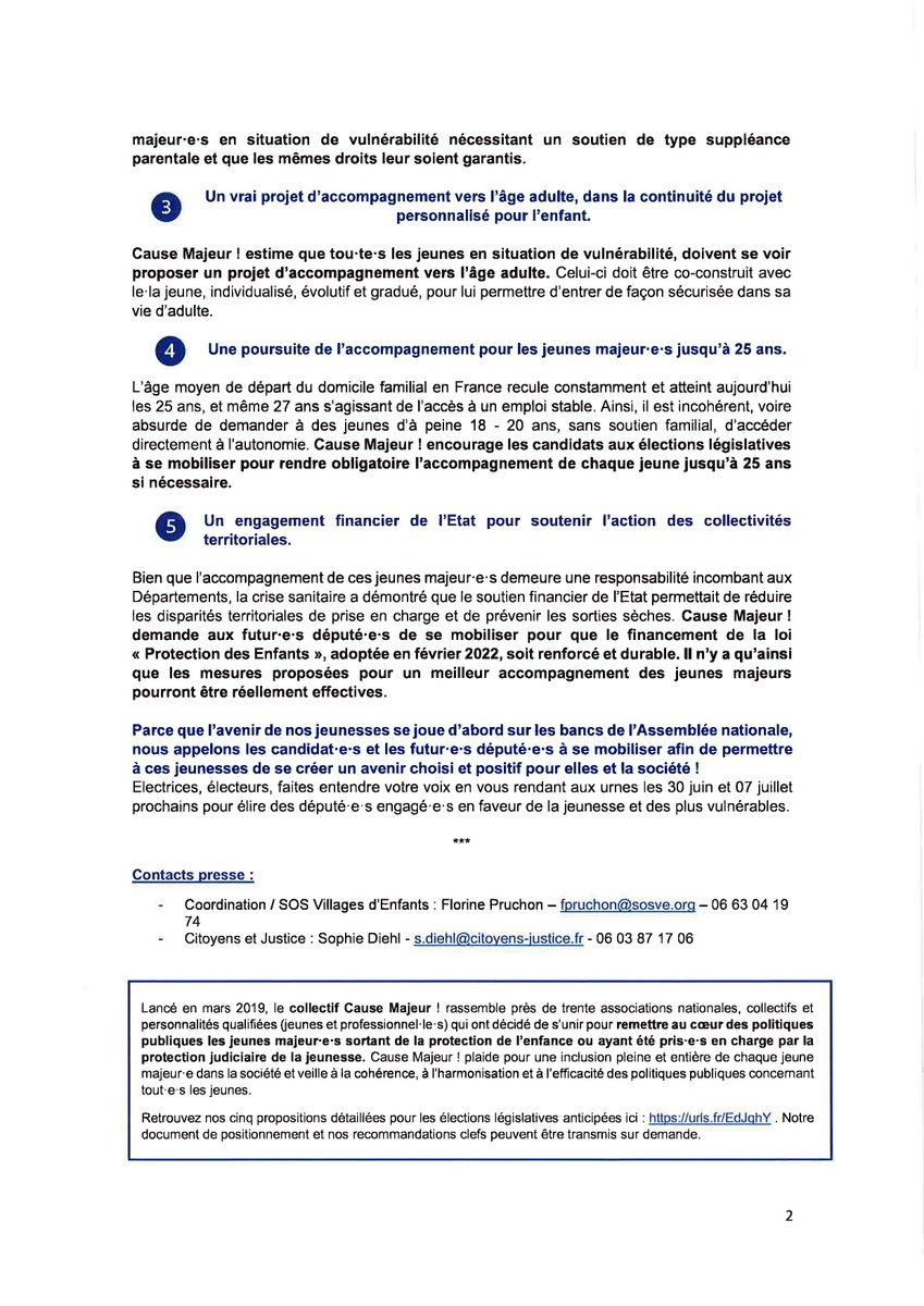 Fondation La Vie au Grand Air I Priorité Enfance (@lavieaugrandair) on Twitter photo Elections législatives anticipées : la jeunesse délaissée doit être priorisée. Le Collectif Cause Majeur ! réitère en direction des futur·e·s député·e·s ses 5 propositions phares pour une inclusion pleine et entière des jeunes. Retrouvez le Communiqué de Presse de <a href="/CauseMajeur/">Collectif Cause Majeur !</a> ! Elections législatives anticipées : la jeunesse délaissée doit être priorisée. Le Collectif Cause Majeur ! réitère en direction des futur·e·s député·e·s ses 5 propositions phares pour une inclusion pleine et entière des jeunes. Retrouvez le Communiqué de Presse de <a href="/CauseMajeur/">Collectif Cause Majeur !</a> !