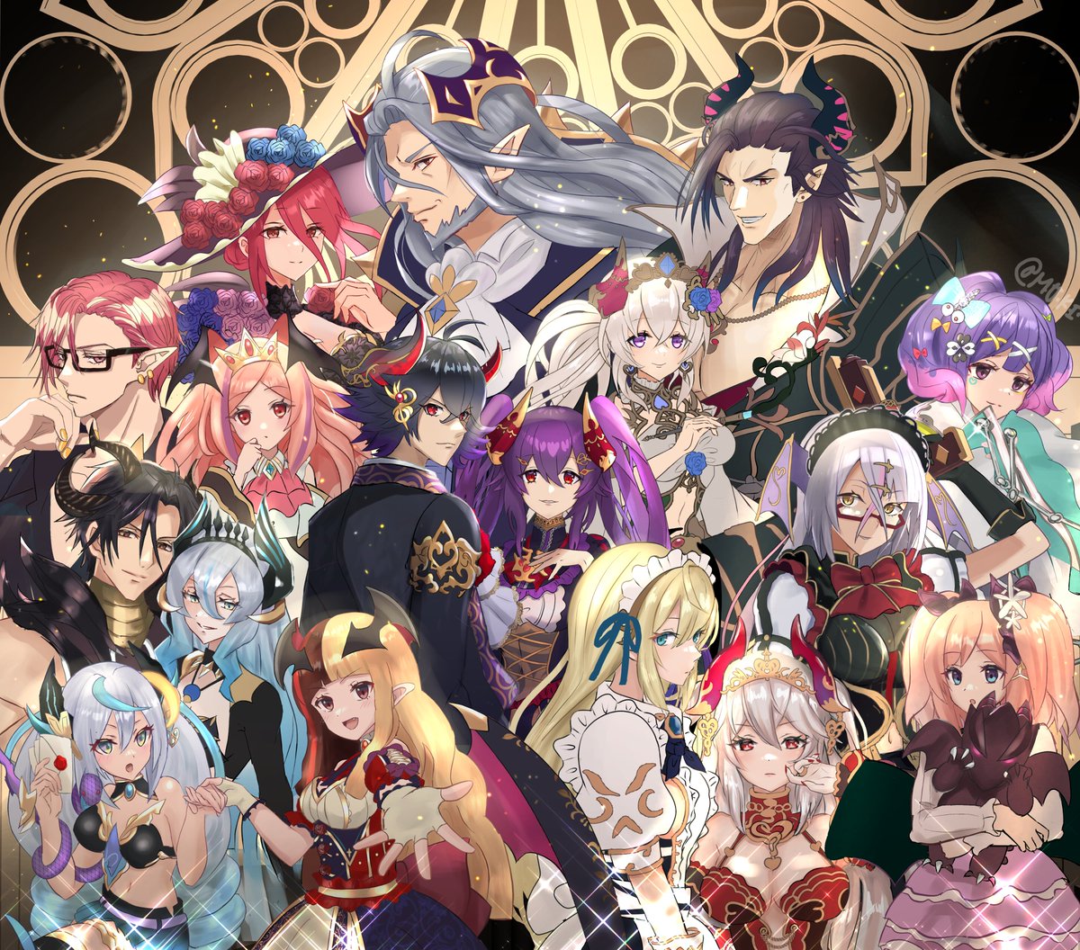 maki53119965's tweet photo. #クリプトラクト　FA
『魔族四大貴族fam』

サ終から１年になりましたね
公式様から投稿された四大貴族の集合絵
数日後にサ終とは思えないぐらい光り輝いてた

それを受けていつか描き切りたいと思っていた17名
素敵企画のお陰でつい先日コンプリートできたので
あの日を偲び集合絵を作りました https://t.co/QVwGvBZcyt