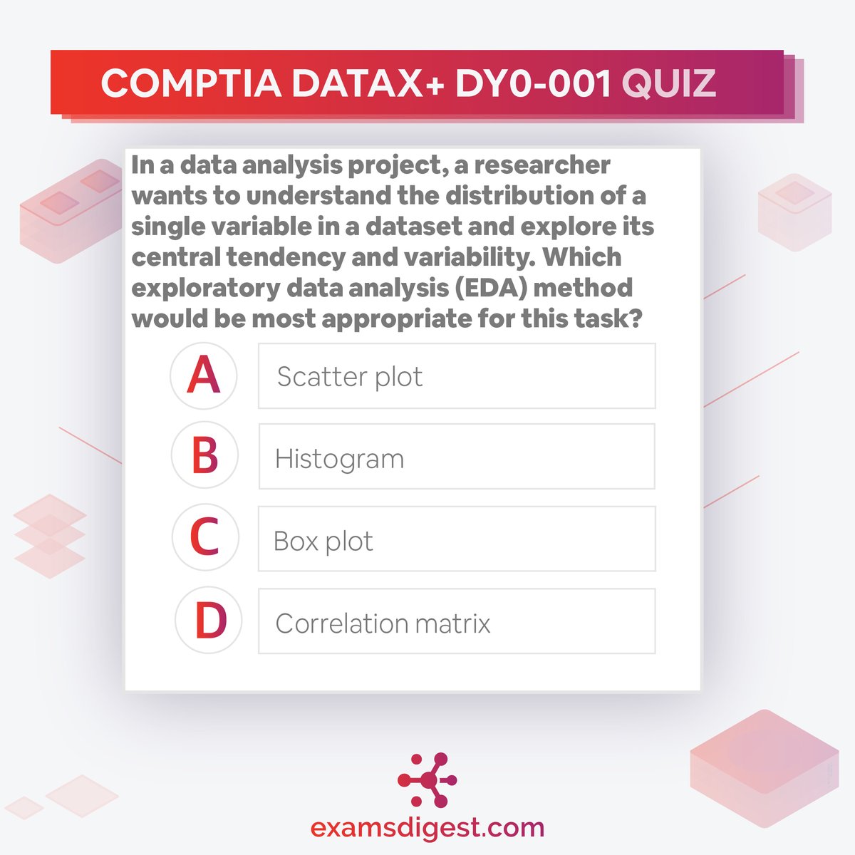 ExamsDigest's tweet photo. #CompTIAprep: Today's question comes from CompTIA DataX DY0-001, can you crack it? Let us know how you did in the comment section below! #CompTIA #CompTIADataX #data #certification #statistics https://t.co/5gQR1YfqQT